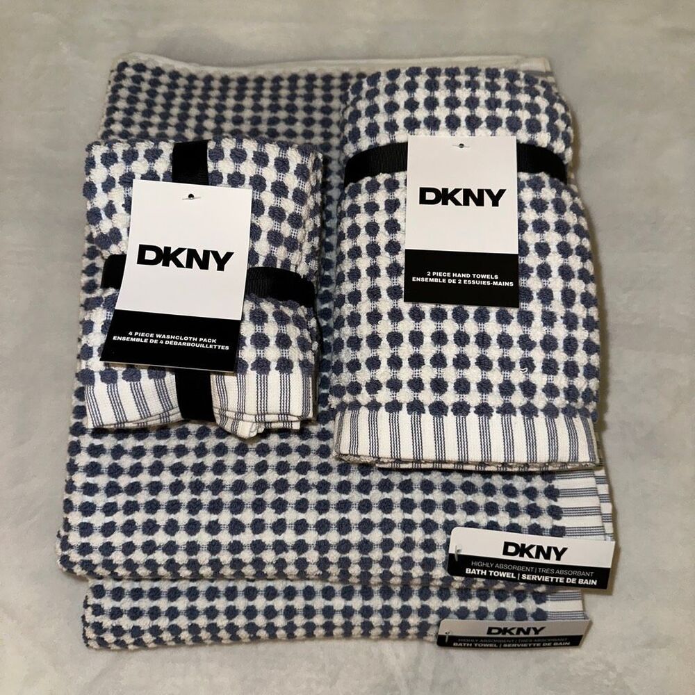 DKNY Bath Towel Set Dusty Navy Blue White Pattern 8 Pieces Total NWT